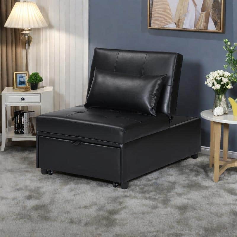 Multi-Functional Folding Ottoman Sofa Bed with Converts to Lounge Chair and Single Bed (264lb Capacity) - Black