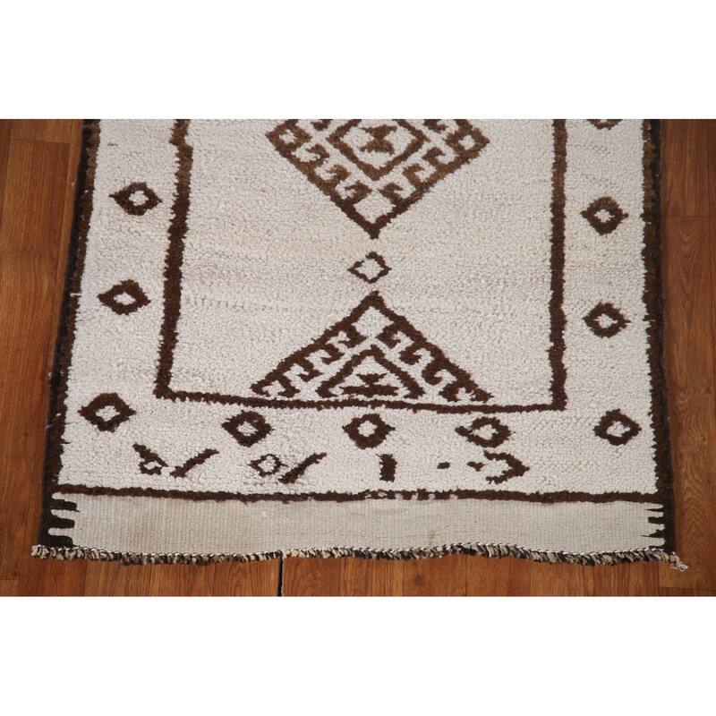 Geometric Beige Anatolian Turkish Runner Rug Handmade Wool Carpet - 2'8"x 12'11"