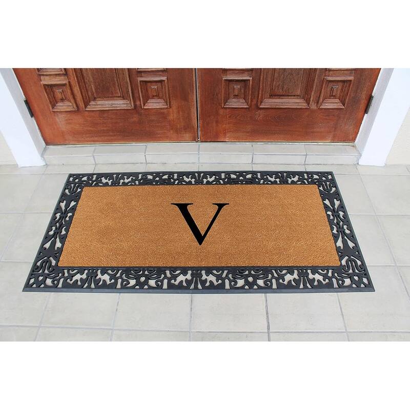 A1HC Rubber and Coir Paisley Border Heavy Duty Non-Slip Durable Double Door Monogrammed Doormat 30"X60", Black