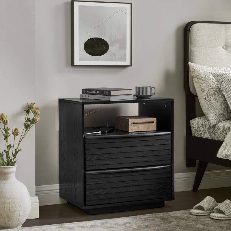 Mid-Century Modern Nightstand with Charging Station & Outlet Hole & 2 Solid Wood Drawers - Black
