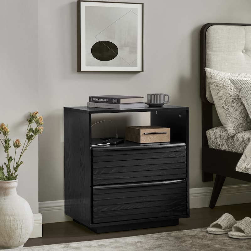 Roomfitters Mid Century Nightstand, Louver Design Bedside Table with USB Charging, Storage Drawers