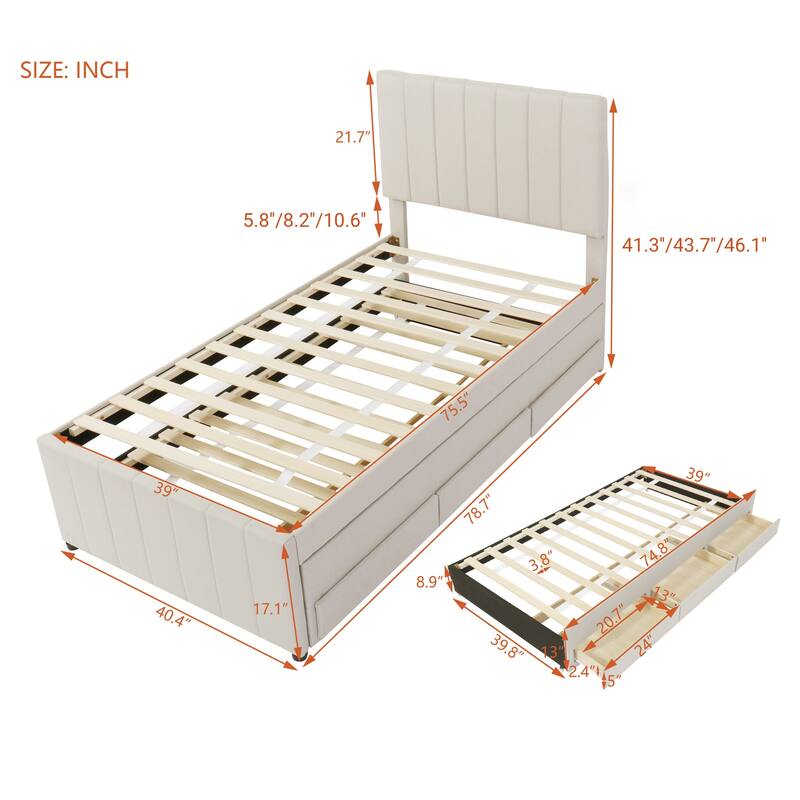 Upholstered Platform Bed Captain Bed with Trundle and 3 Drawers, Vertical Striped Linen Headboard and Footboard Slats Support