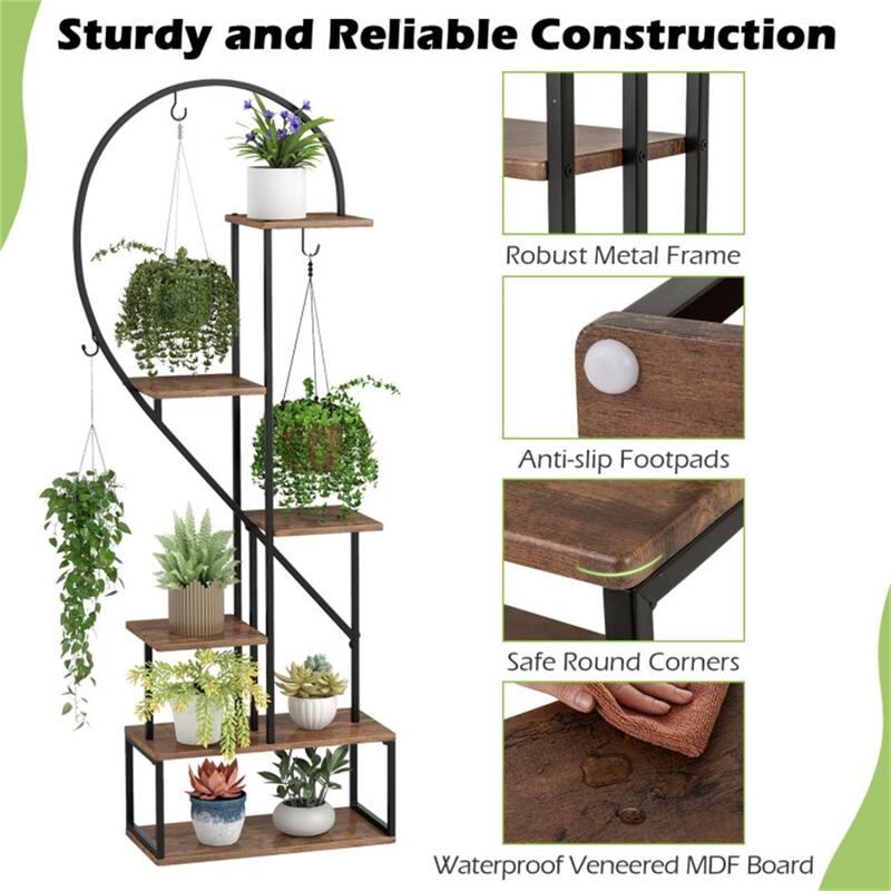 2 Pieces 6-Tier Flower Display Stand with Hooks and Heart-Shaped Plant Shelves for Home Decor - 22" x 11" x 66"