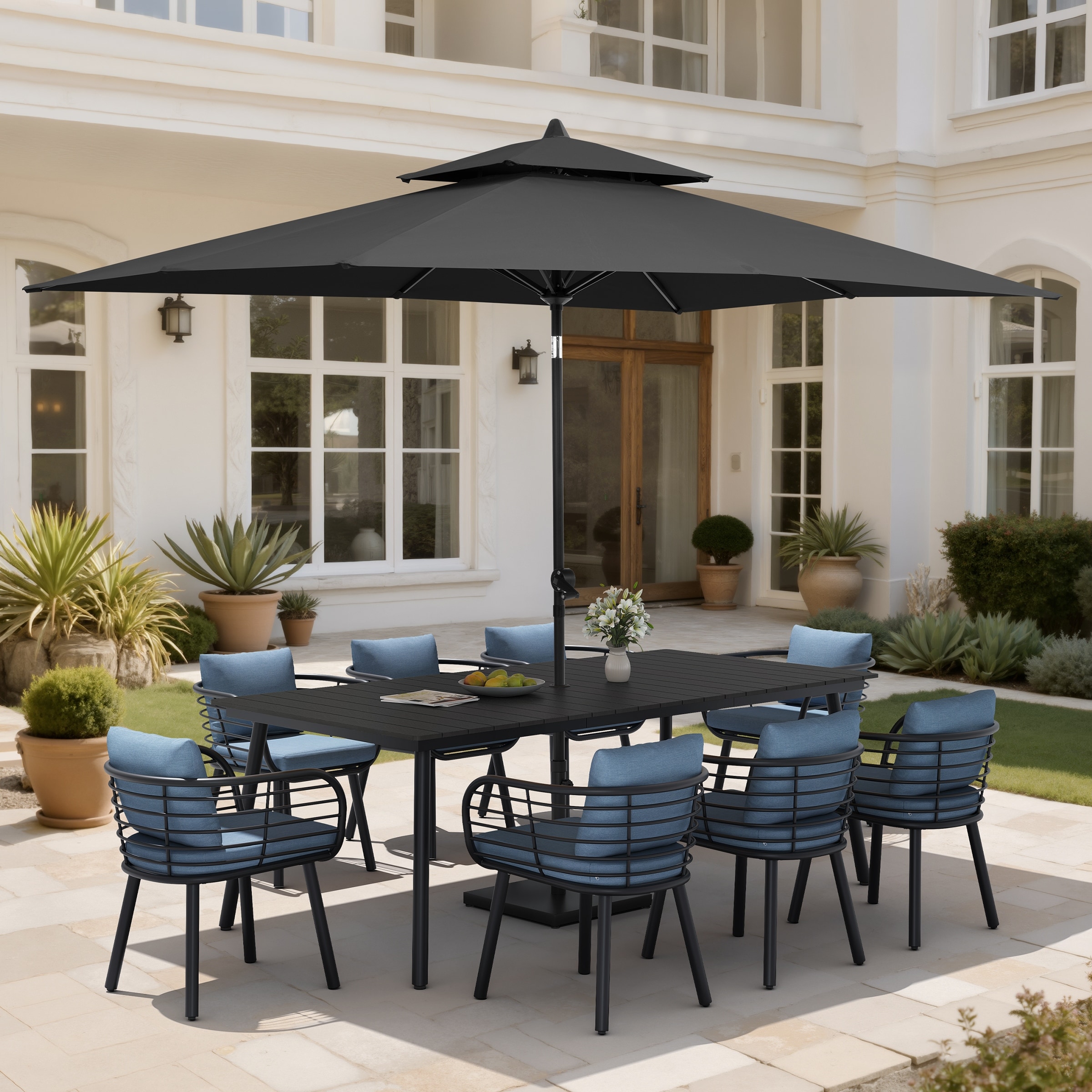11PC Outdoor Patio Dining Set Aluminum Table with Sunbrella Cushion Chairs w/ Market Umbrella Sets