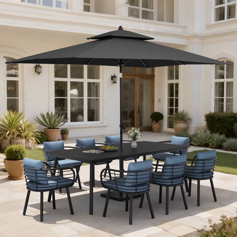 11PC Outdoor Patio Dining Set Aluminum Table with Sunbrella Cushion Chairs w/ Market Umbrella Sets - BlackTable&SdmChairs&BlackUmbrella