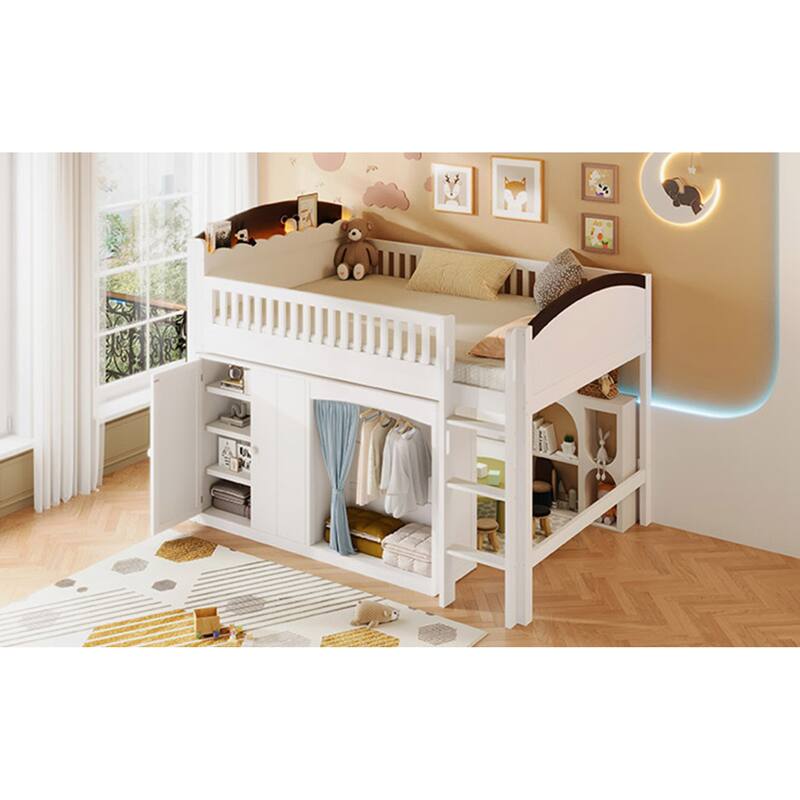 Roomfitters Twin/Full Size Loft Bed with Storage Cabinet, Wardrobe and LED Light