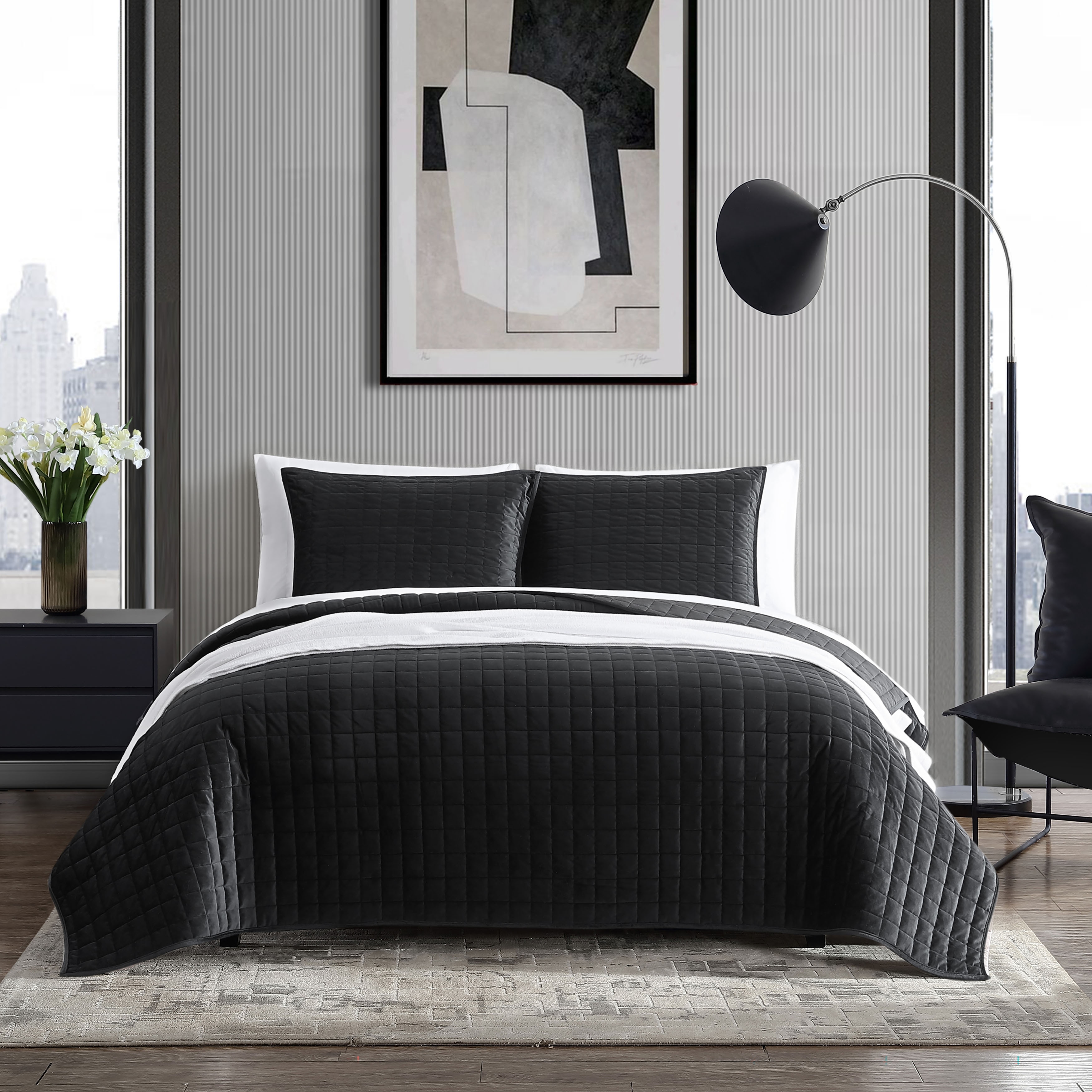 Vera Wang Diamond Velvet Black Reversible Quilt Set