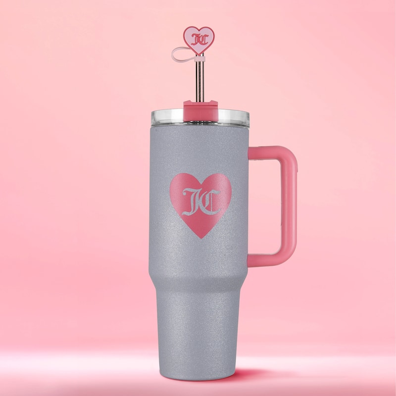 Juicy Couture Jetsetter Hydration Stainless Steel Tumbler with Handle and Straw With Topper - 40oz - Glitter Silver