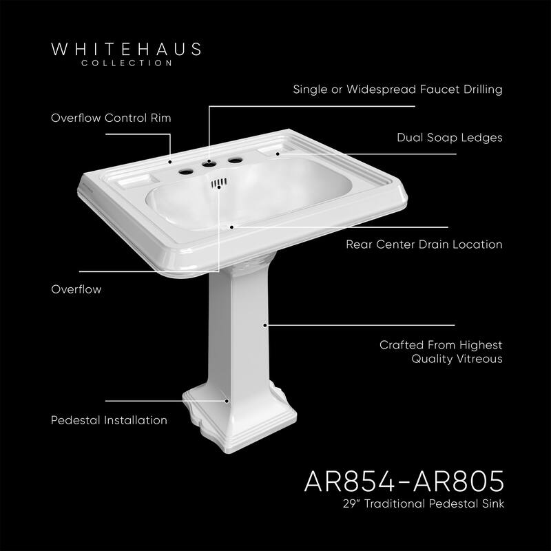 Whitehaus AR854-AR805-1H 28-3/4" Rectangular Vitreous China Pedestal