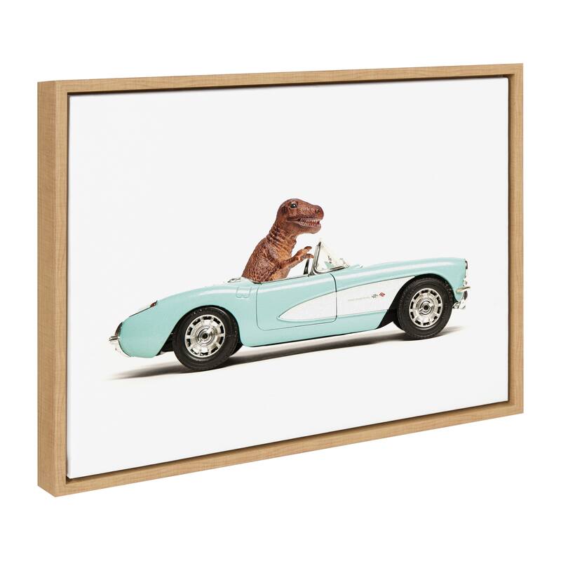 Kate and Laurel Sylvie T Rex Driving 1957 Aqua Chevy Framed Canvas by Saint and Sailor Studios - 18x24 - Natural