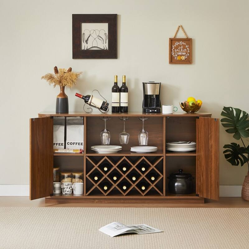 Modern 58" Fluted Curved Sideboard Multifunctional Storage Cabinet with Wine Rack and Adjustable Shelves