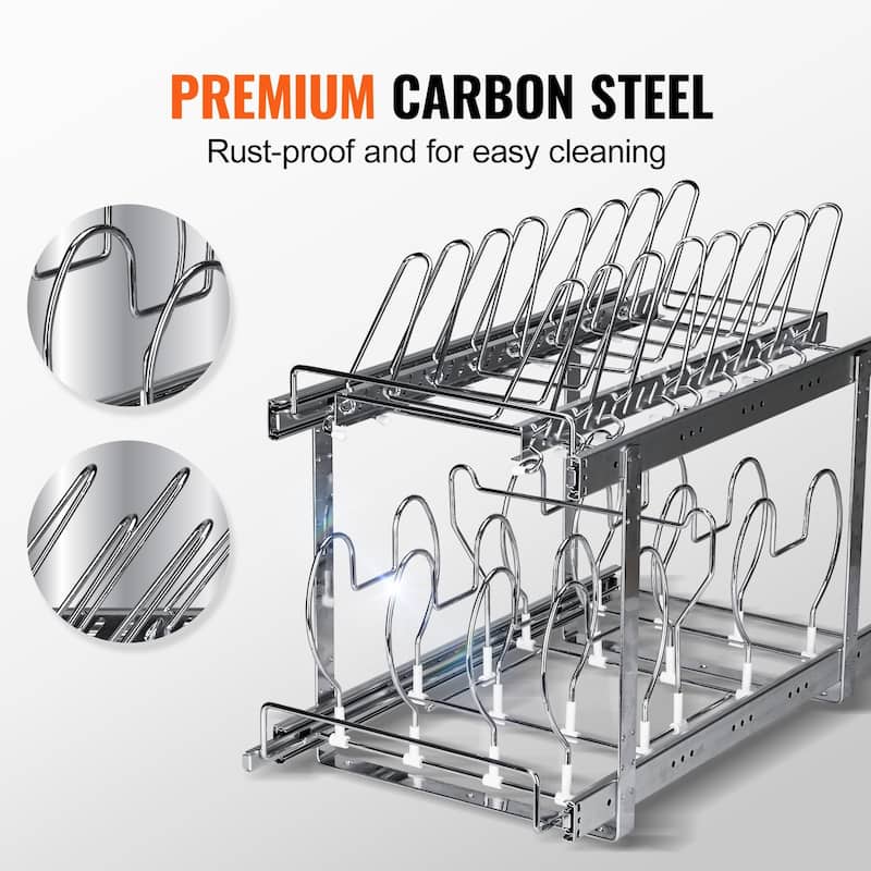 Chrome Plated Steel 2-Tier Expandable Pull Out Under Cabinet Organizer with Adjustable Wire Divider