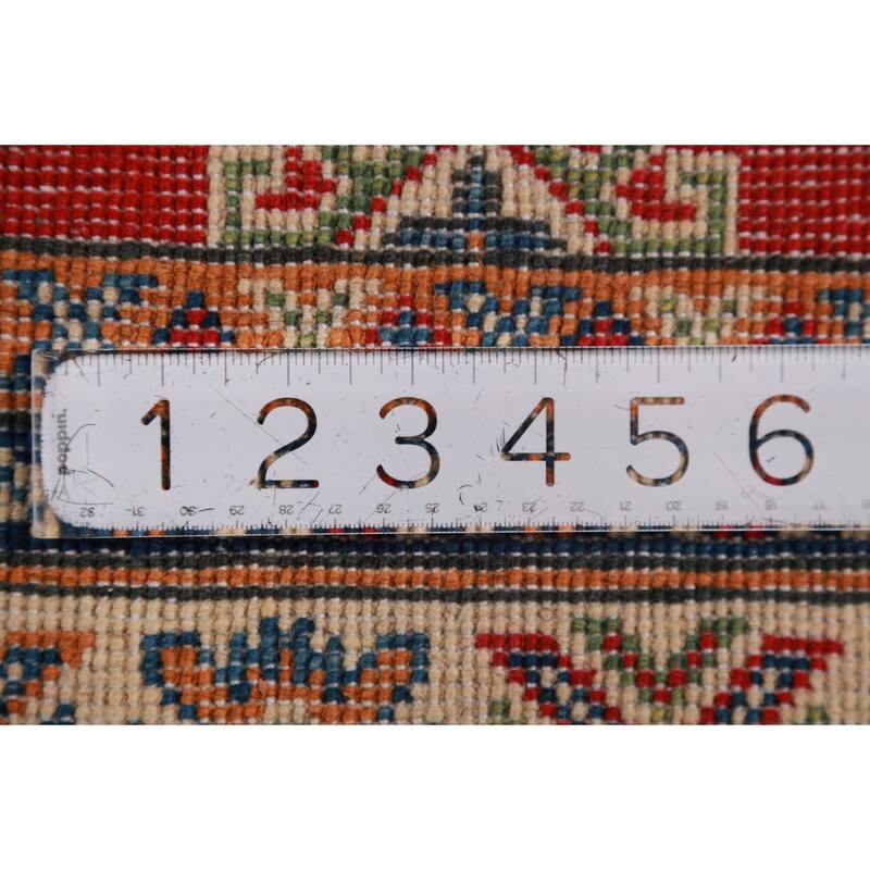 Red Geometric Kazak Foyer Rug Hand-Knotted Wool Carpet - 2'7"x 4'0"
