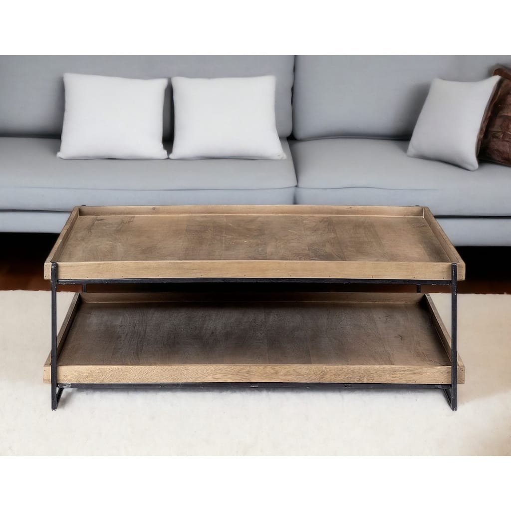 HomeRoots 46" Natural and Black Solid Wood and Metal Coffee Table With Shelf - 46