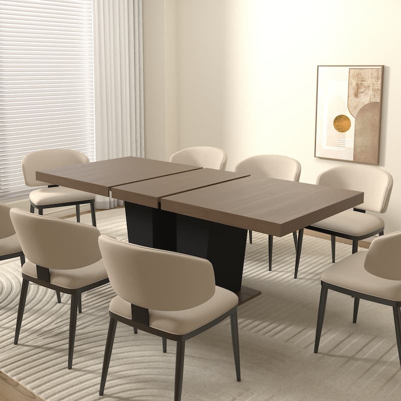 Wood Extendable Dining Table for 6-10 Person, Large Rectangle Expanding Dining Table with Black Double Pedestal Base - Brown