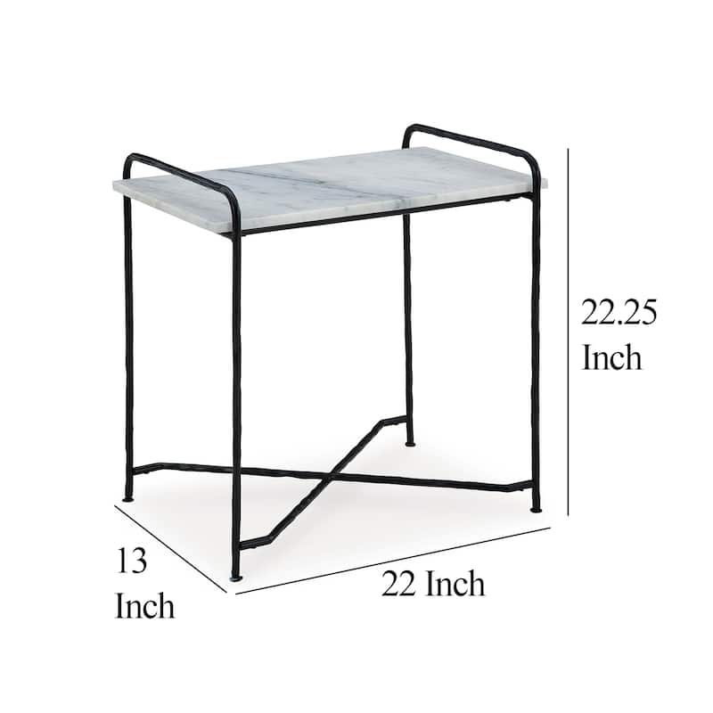Accent Table, 22 Inch White Marble Top, Industrial Black Metal Legs