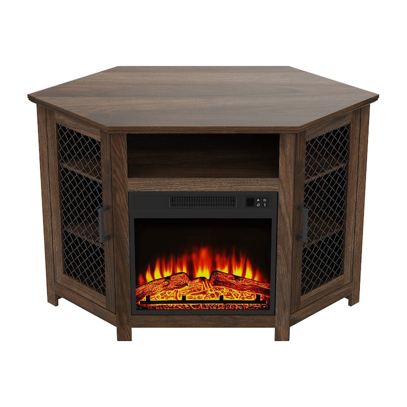 45" Industrial Corner Electric Fireplace TV Stands with 2 Metal Mesh Doors and Remote