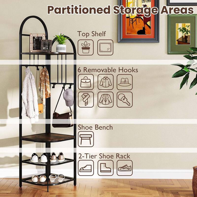 71" Corner Coat Rack 4 Tier Corner Hall Tree w/Shoe Storage Bench