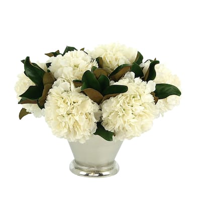Hydrangea and Magnolia Leaf Arrangement in a Metal Vase - White, Silver