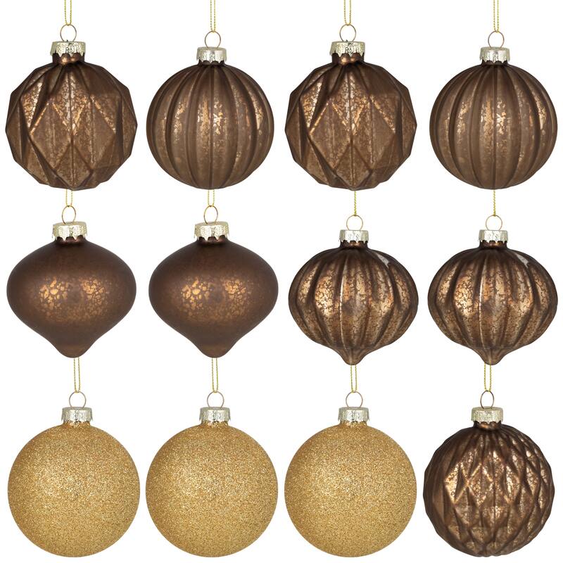 Mercury Onion and Ball Glass Christmas Ornament Set - 3" - Gold - 12ct