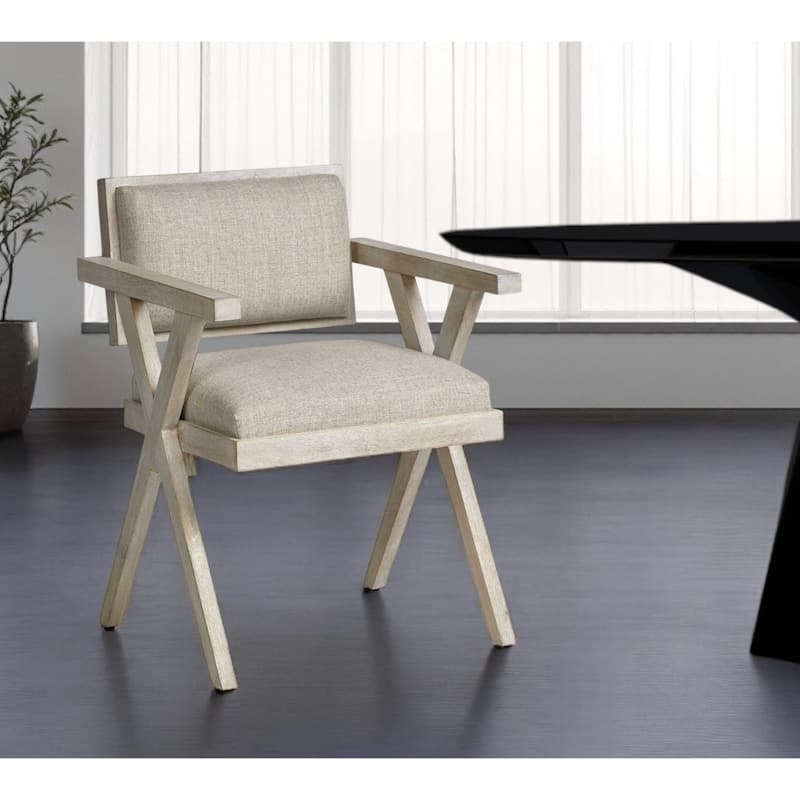 Modern Cream Upholstered Dining Armchair with Open Back and Solid Wood Legs for Dining Room - 31.5”H x 22”W x 23”D