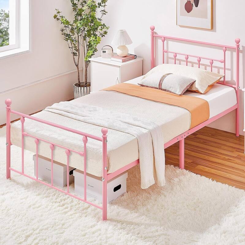 VECELO Metal Platform Bed Frame with Headboard and Footboard Heavy Duty Slat Support Underbed Storage Space Victorian Style