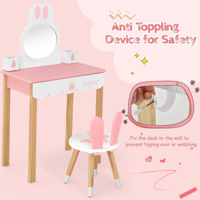 Costway Kids Vanity Set Rabbit Makeup Dressing Table Chair Set W/ - See Details