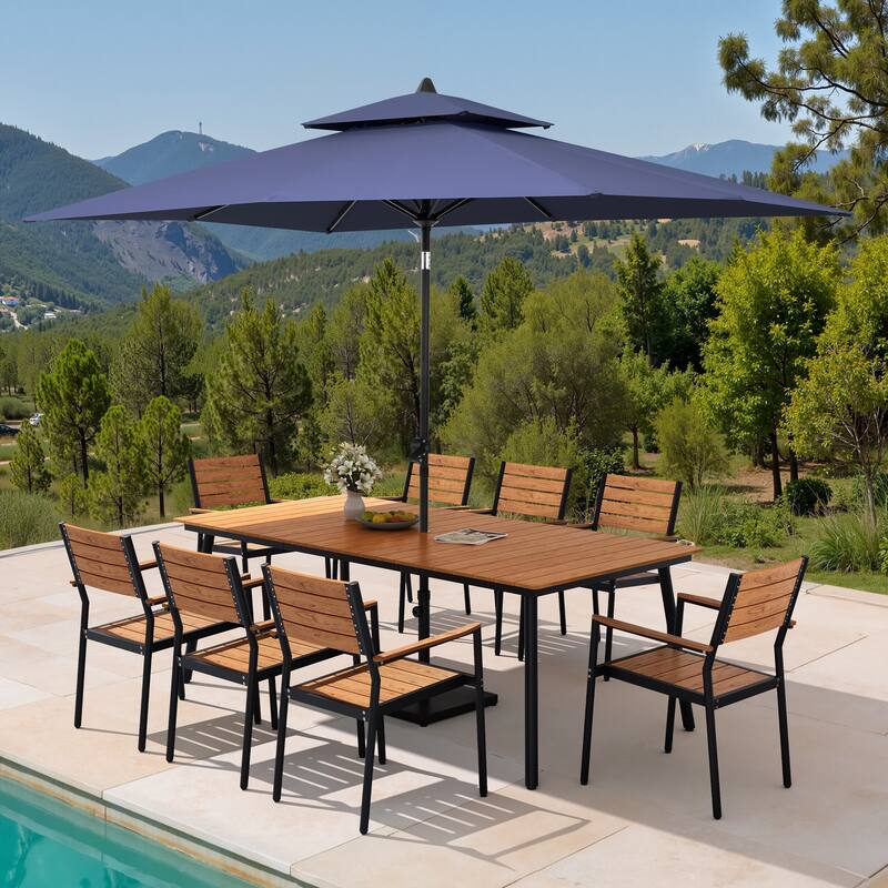 11PC Outdoor Patio Dining Set WoodLike Aluminum Umbrella Hole Table with Stackable Armchairs,Double Top Market Umbrella and Base - BrownTable&BrwonChairs&NavyBlueUmbrella