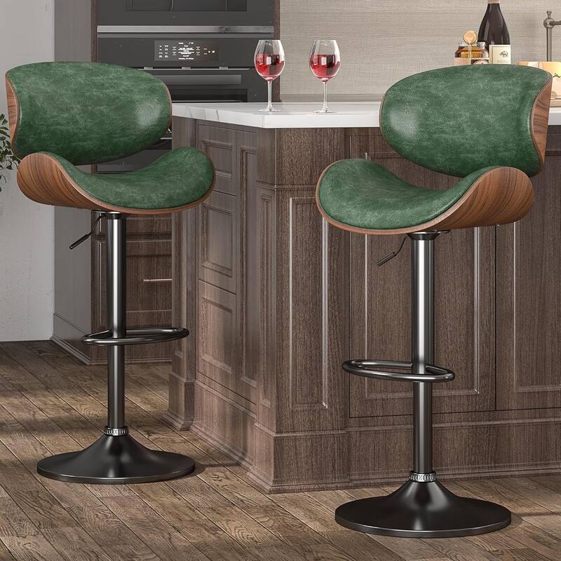 Bar Stools Adjustable Height Swivel Faux Leather Armless Barstools - Set of 2 - Green - Adjustable