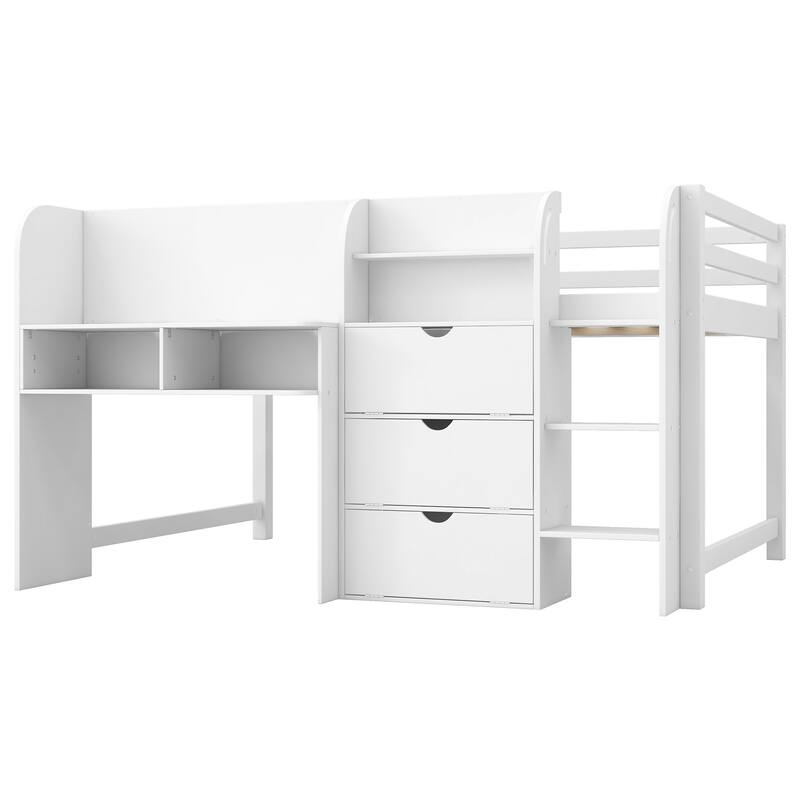 Full Size Low Loft Bed with Desk,Storage Cabinets,Open Bookcase & Whiteboard,Space-Saving Design for Kids,No Box Spring Needed