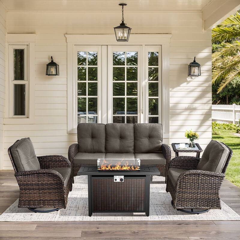 Patio Sofa Swivel Chair with Propane Fire Pit Table - Brown Rattan - Grey Cushion - 5PCS Sofa Chair Table with Fire Table