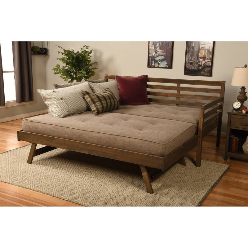 Somette Boho Daybed and Pop Up Bed in Rustic Walnut with Mattresses - Linen Stone