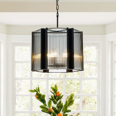 6-Light Black Contemporary And Modern Wrought Iron Round Lantern Drum Chandelier With Clear Fluted Glass Panels Shade - W16.5"