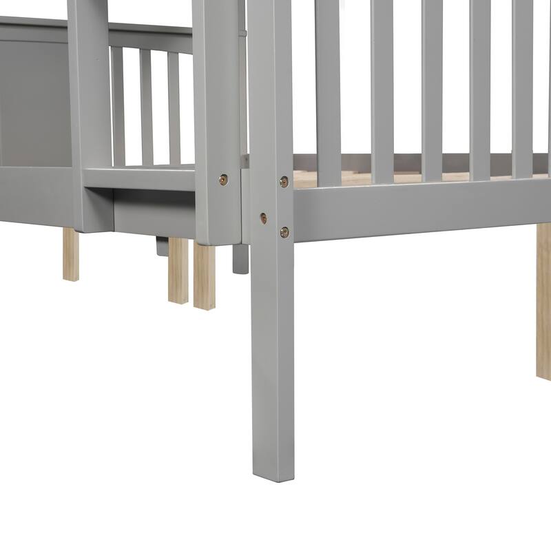 Full over Full Bunk Bed with Ladder,Gray, No Box Spring Needed, Solid Pine Wood Construction