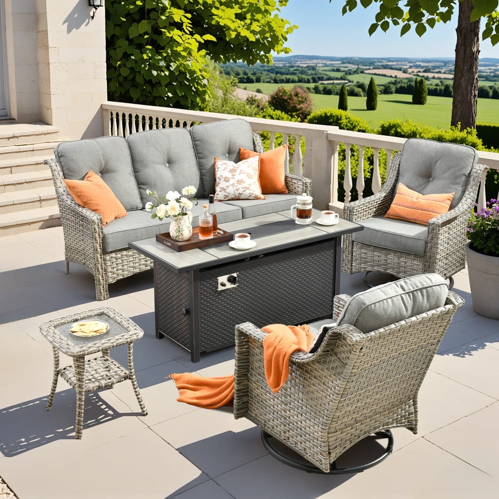 OVIOS 5 Pieces Outdoor Wicker Set with 54" Fire Table