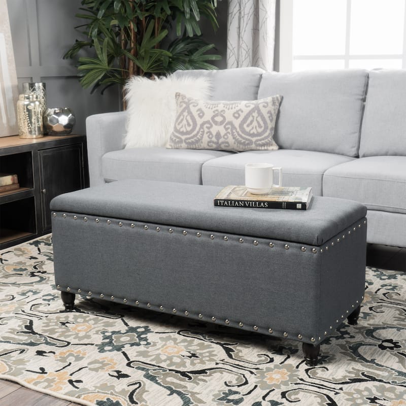 Tatiana Contemporary Fabric Storage Ottoman with Nailhead Trim by Christopher Knight Home - Charcoal
