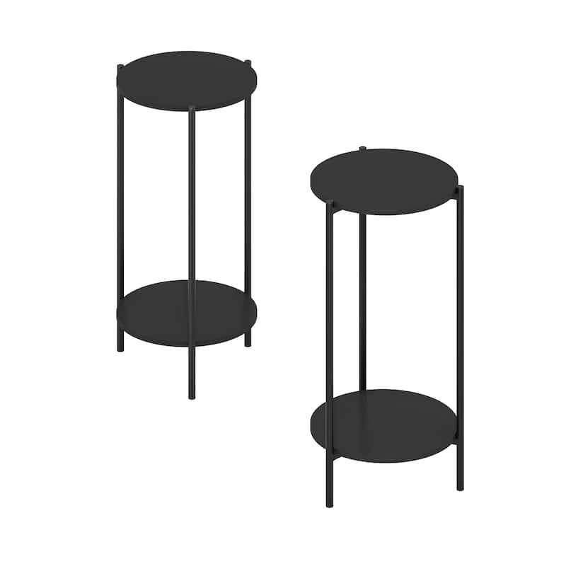 Furinno Besi 2-Tier Modern Tall Round Side End Table with Sturdy Metal Legs, Americano, Set of 2