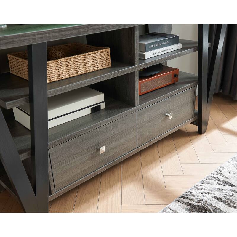TV Stand Cabinet with curved legs one drawers on metal glides metal square handle modern design divided shelf two cubbies