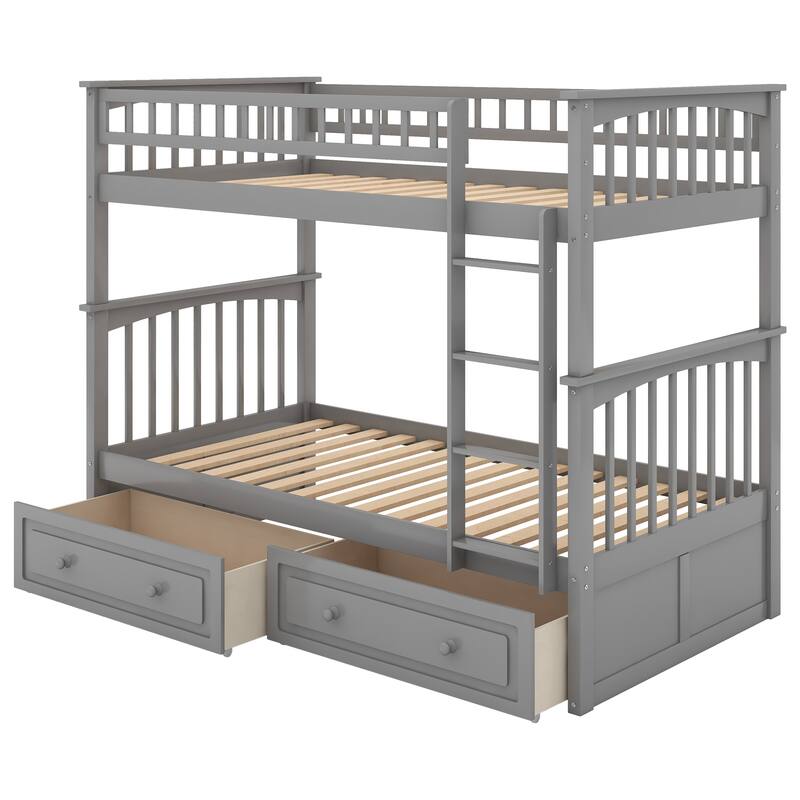 Convertible Twin Bunk Bed with Storage Drawers, Gray Wooden Loft Bed for Kids