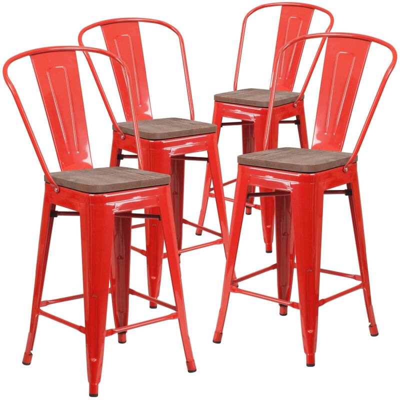 4 Pack 24" High Metal Counter Height Stool with Back and Wood Seat - 17.75"W x 20"D x 39.25"H
