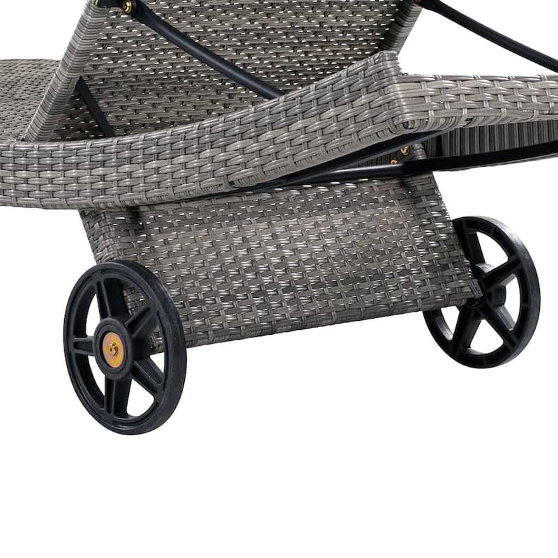 80"Patio Chaise Lounge Chairs Set of 2, Rattan Reclining Chair w/Rolling Wheels & Pull-out Side Table, Adjustable Backrest