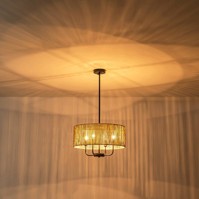 4-Light Rustic Farmhouse Drum Chandelier/Island Lights with Handwoven Rope Shade - 19.6 in. W x 11.4 in. H