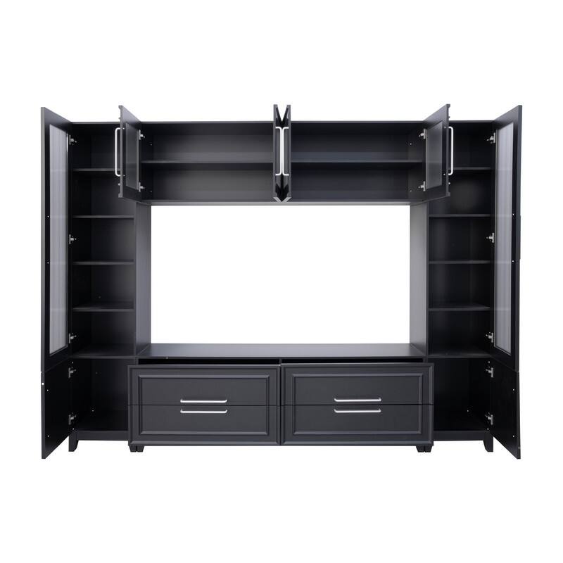 Modern 102" W Wall Unit Entertainment Center for TVs up to 75", Large Media TV Console with Glass Doors and Drawers