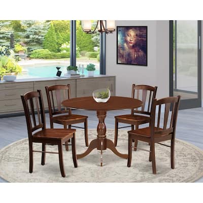 HomeStock 5-Piece Mahogany Finish Solid Wood Top Dining table with 4 Chairs with Drop Leaf Slat Back