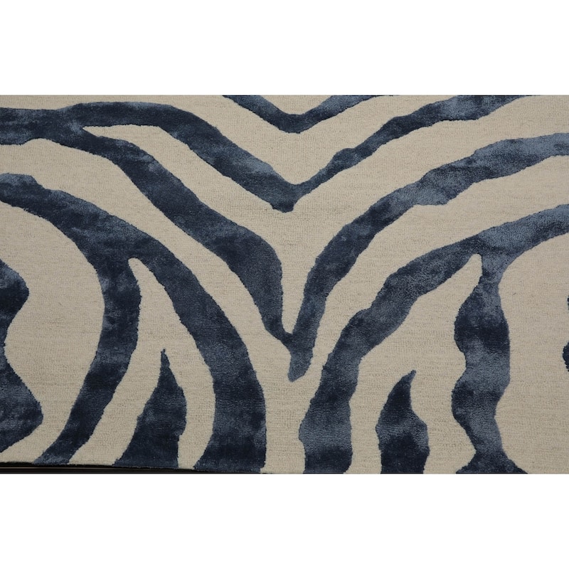 Hand Made Wool & Faux Silk Animal Print Modern Oriental Area Rug Blue
