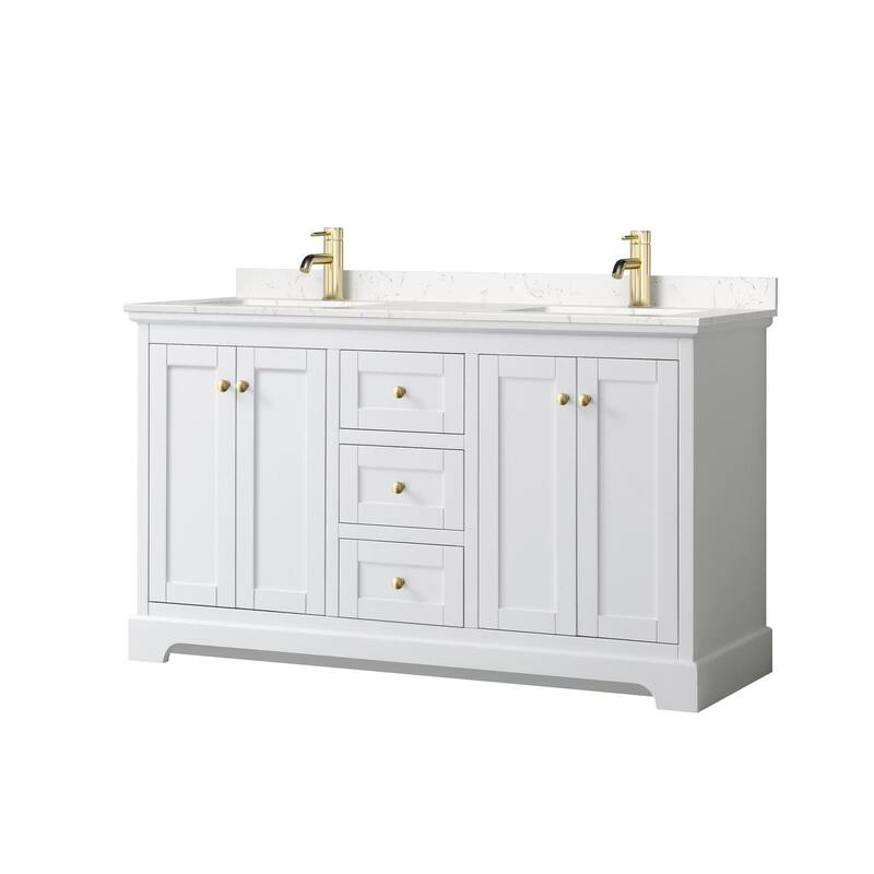 Wyndham Collection Avery 60" Free Standing Double Basin Vanity Set - White / Carrara Cultured Marble Top / Brushed Gold