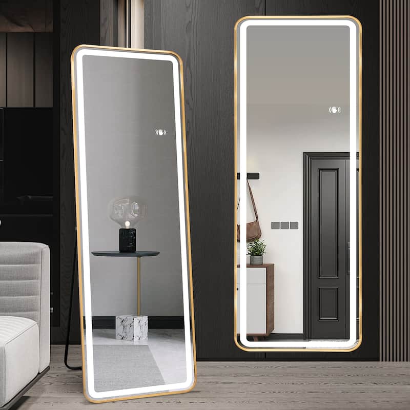 Full Length Floor Mirror with LED Light - Touch Control,Wall Mounted Bedroom Mirror for Adjustable Lighting - Gold