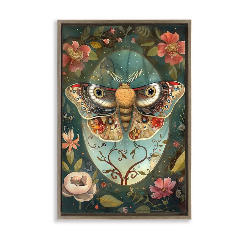 Stupell Ornate Botanicals & Moth Framed Floater Canvas Wall Art Design By The Dutch Lady - 17 x 25 - Brown