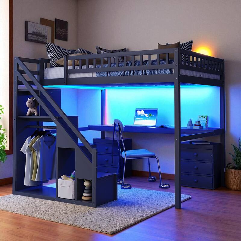 Twin/Full Loft Bed with Desk, 2 Storage Drawers, LED Light Strip, Side Stairs, Study & Space-Saving Design