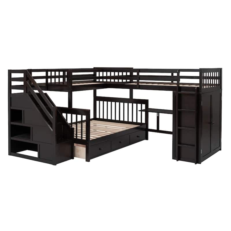 Twin-Twin over Full L-Shaped Bunk Bed With 3 Drawers, and Portable Desk and Wardrobe